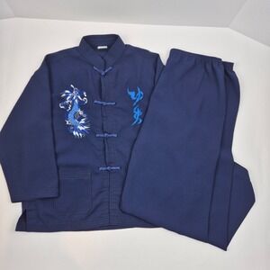 Vtg Mimi Kids Dragon Embroidered Asian Outfit Set Navy Blue Top Pants Sz 10 Y2K